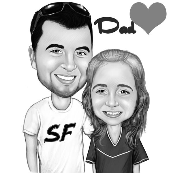 Tēvs un meita karikatūra melnbaltā stilā no fotoattēliem
