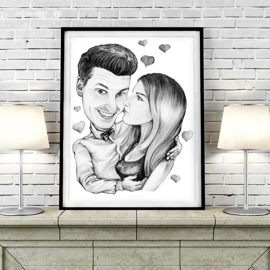Regalo de caricatura de pareja enamorada en estilo blanco y negro de una  foto impresa en un póster