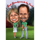 Caricatura de casal de corpo inteiro jogando golfe