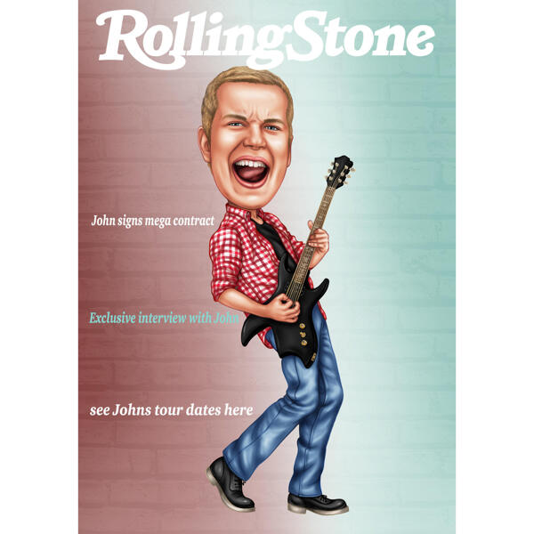 Dziedātāja spēlē ģitāru, karikatūras glezna uz žurnāla Rolling Stone vāka