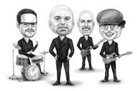 Karikatura členů hudební skupiny v černém a bílém stylu s vlastním pozadím