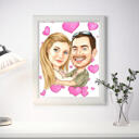 رسم كاريكاتوري للزوجين مع خلفية قلوب على قماش مطبوع