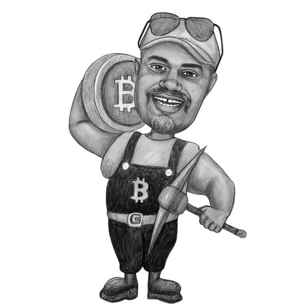 Uomo con caricatura Bitcoin in stile bianco e nero da foto per regalo personalizzato