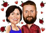 Engagement Caricature with Floral Ornaments for Anniversary Gift