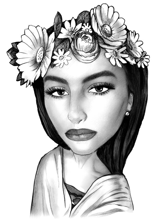Lady Hand Drawn Original Caricature Artwork in Black and White Romantic