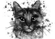 Siyah Beyaz Suluboya Stilinde Fotoğraflardan Sevimli Kedi Karikatürü Portresi