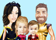 Familjekarikatur med slumpmässiga superhjältdräkter i färgad stil