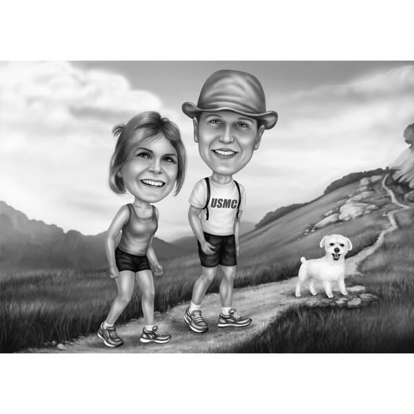 Reisepaar mit Haustier-Karikatur im Schwarz-Weiß-Stil auf individuellem Hintergrund