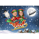 Couple as Elves in Sleigh Caricature