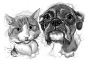 Dibujo de grafito de perro y gato