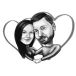 Presente de caricatura de casal de coração em estilo preto e branco de fotos