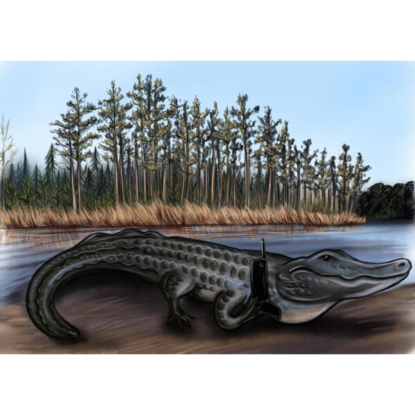 Krokodil tecknad porträtt i helkroppsstil med anpassad bakgrund från foto
