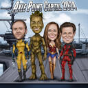 Karikatuur van een superheldenbedrijf, gebaseerd op een foto.