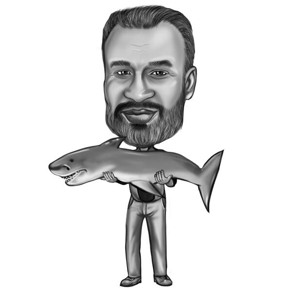 Pescador com desenho de caricatura de tubarão em estilo preto e branco de corpo inteiro