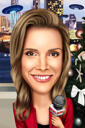 Ritratto del fumetto della testa e delle spalle del presentatore televisivo con sfondo personalizzato