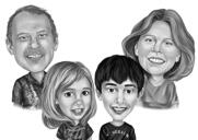 Eltern mit zwei Kindern Cartoon-Porträt im Schwarz-Weiß-Stil von Fotos