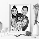 Familia con caricatura de mascota en estilo blanco y negro para regalo de póster personalizado