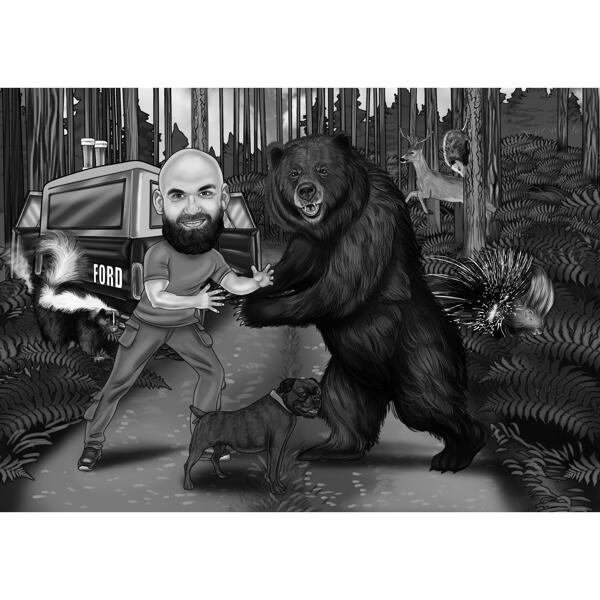 Legrační karikatura lovu medvědů v černém a bílém stylu s vlastním pozadím