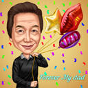 Verjaardagskarikatuur met ballonnen en confetti