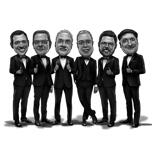 Retrato caricatural em preto e branco de corpo inteiro dos padrinhos