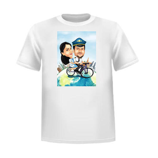Casal em caricatura de bicicleta com fundo personalizado como presente de camiseta personalizada