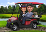 Casal com caricatura de animal de estimação em carrinho de golfe