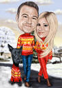 Couple Winter Caricature in Color Style with Custom Background