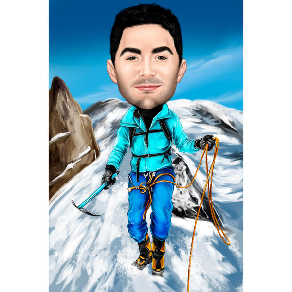 Henkilö vuorikiipeilijä karikatyyri värityyliin talvitaustalla