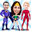 Caricatura de super-heróis de família de corpos pequenos de cabeças grandes de fotos