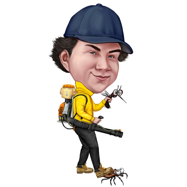 Custom Colored Style Caricature Man with Mosquito Killer Machine from Photos