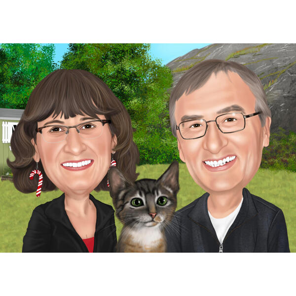 Caricatura della natura: coppia con gatto dalle foto