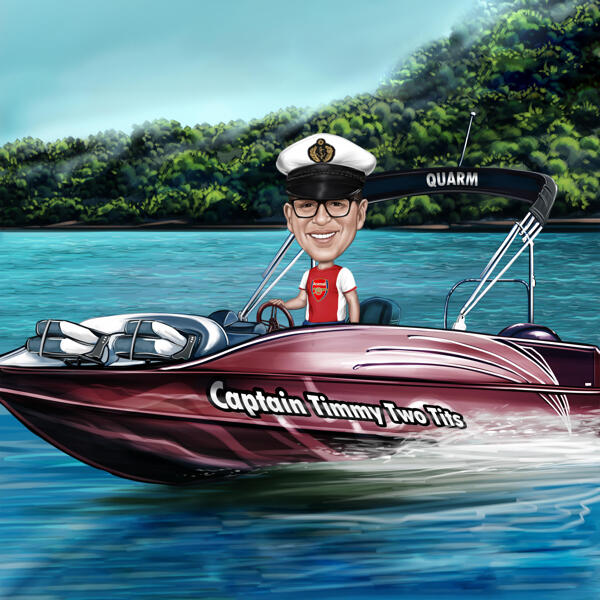 Man Driving Red Boat Caricature