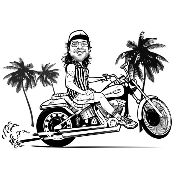Umriss-Karikatur: Person, die Motorrad fährt