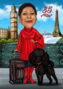 Caricatura de mulher de viagem em estilo de cor em fundo personalizado da foto