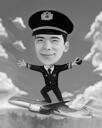 Personenkarikatur, die Flugzeug im Schwarzweiss-Stil mit Hintergrund reitet