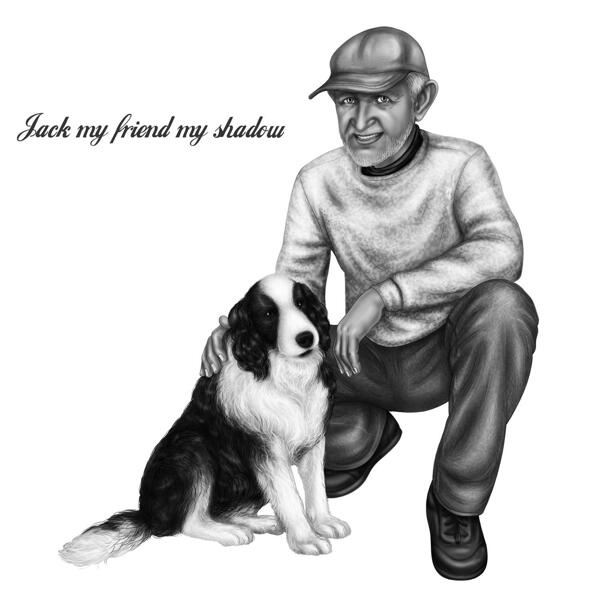 Īpašnieks ar suņa portretu melnbaltā stilā