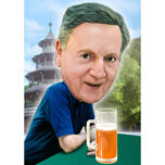 Vīrietis ar alus karikatūru uz pielāgota fona no fotoattēla