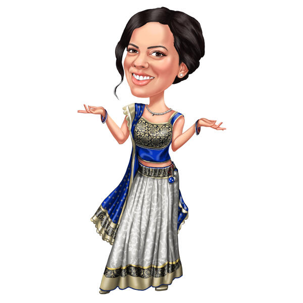 Full Body Indiase Bollywood-vrouwenkarikatuur in kleurstijl van foto