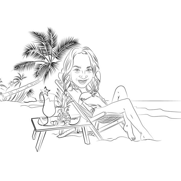 Persona en caricatura de vacaciones en estilo de arte lineal con fondo de trópicos