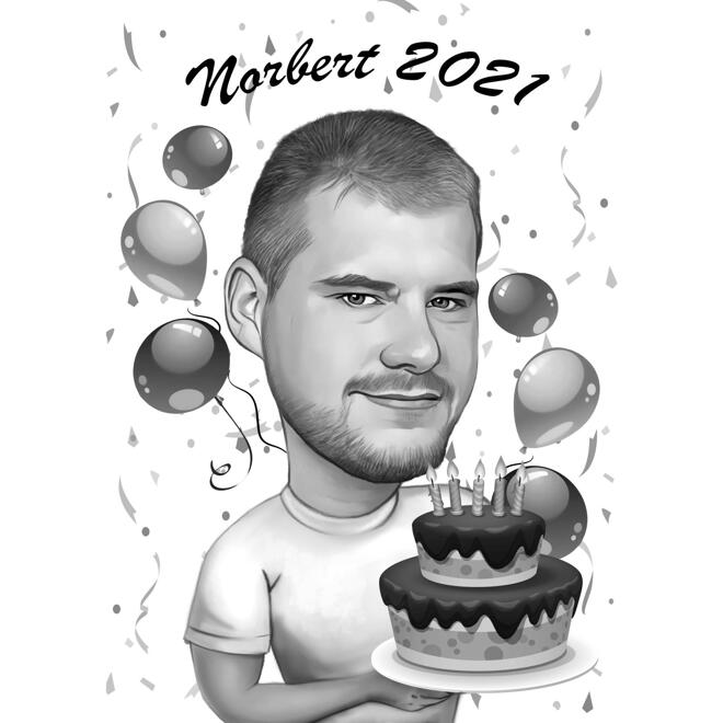 رجل مع كعكة عيد ميلاد كاريكاتير هدية في نمط أحادي اللون من الصور