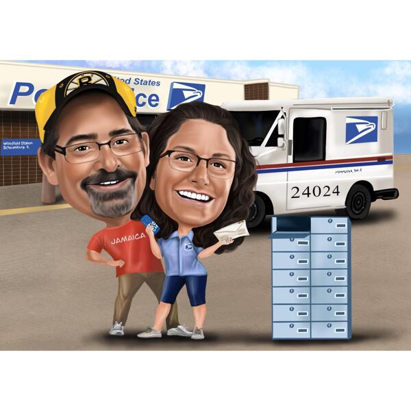 Caricatura de trabajadores de correo postal