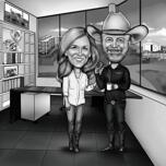 Caricature de couple exagérée en noir et blanc