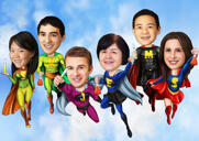 Caricatură de grup de supereroi în cer
