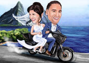 Caricatura de pareja en motocicleta Harley-Davidson con fondo