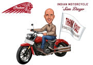 Caricatura de motociclista com fundo colorido