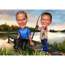 Caricature de pêche père et fils avec fond de lac
