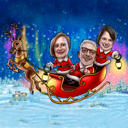 Ouders met kind in kerstcarikatuur in de slee van de Kerstman