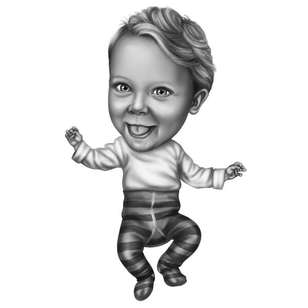 Pilna ķermeņa mazuļa multfilmas portrets melnbaltā stilā no fotoattēla