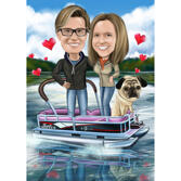 Couple with Pet - Custom Colored Caricature from Photos with Background