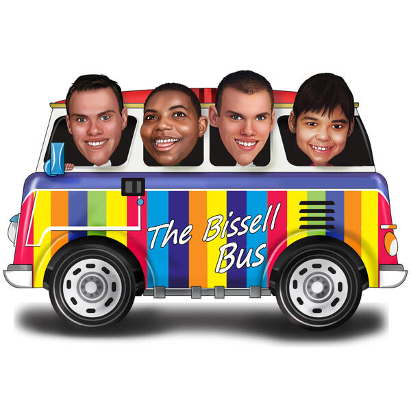 Цветная карикатура группы людей в автобусе нарисованных до плеч